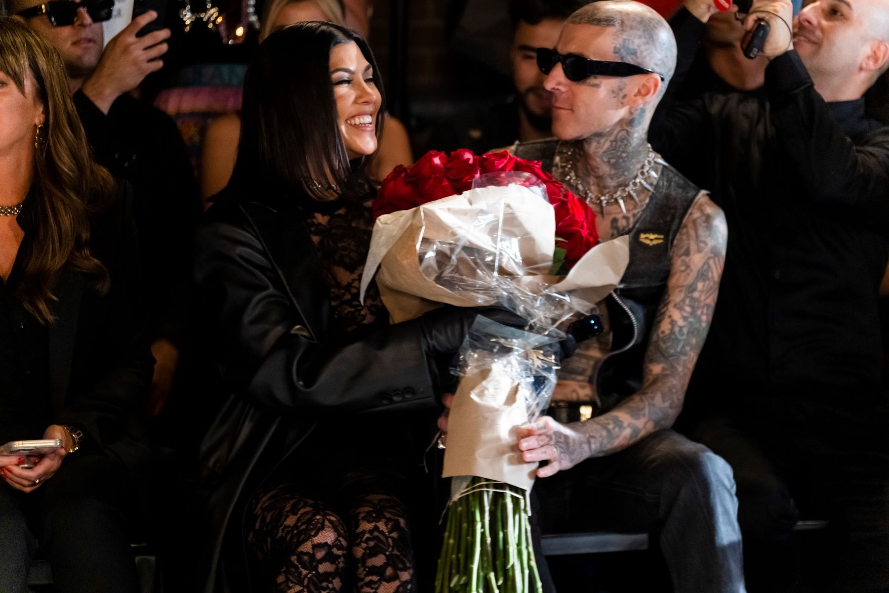 Kourtney Kardashian and Travis Barker at the Boohoo X Kourtney Kardashian fashion show during New York Fashion Week