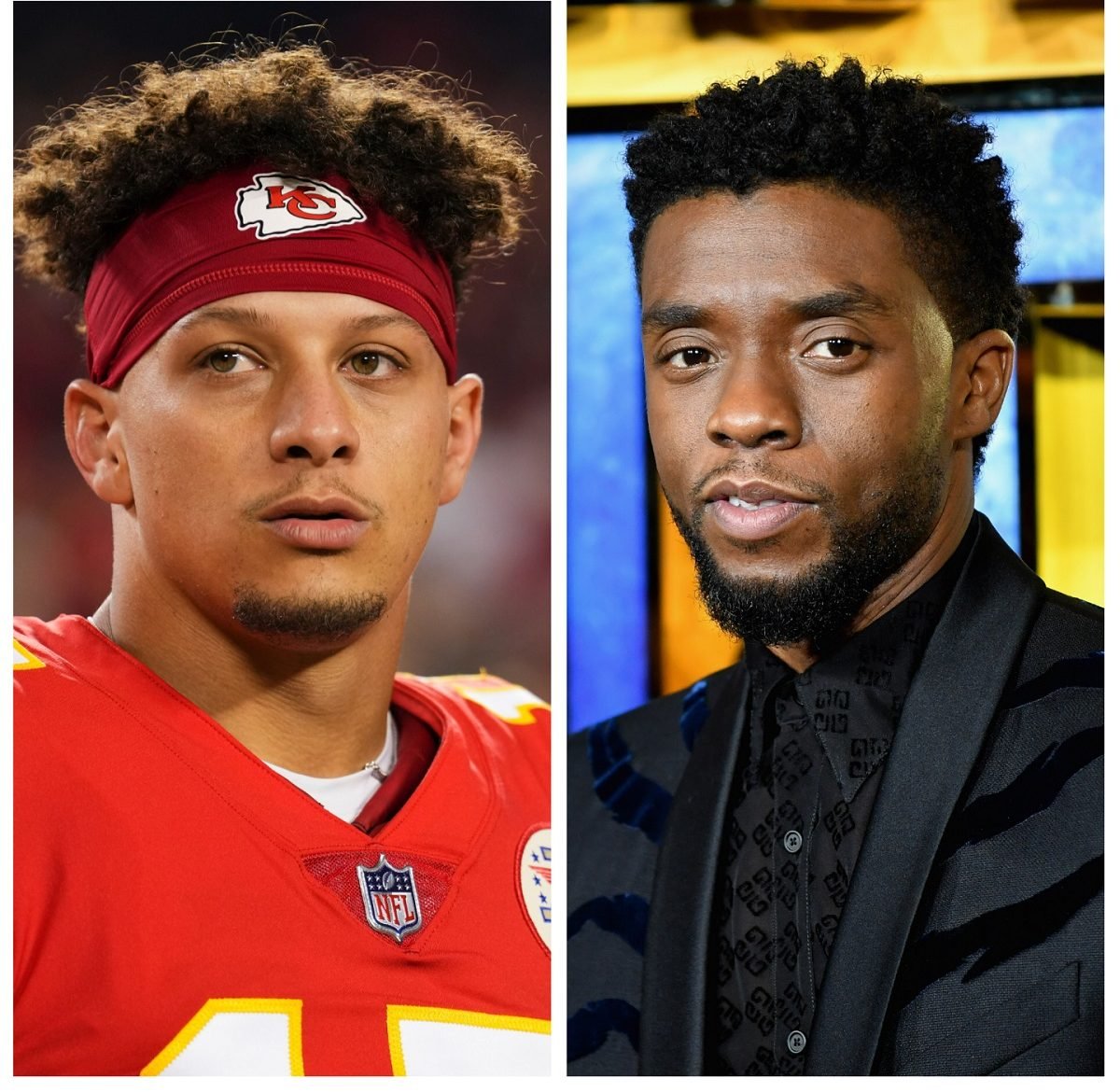 (L) Patrick Mahomes on the football field before a game, (R) Chadwick Boseman at the European premiere of 'Black Panther'