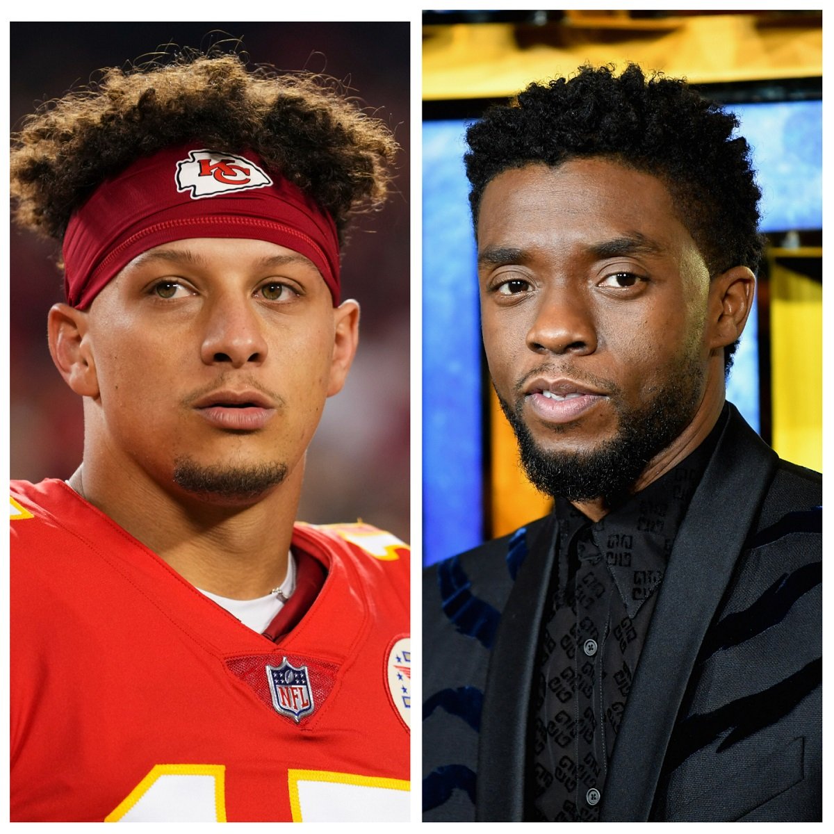 (L) Patrick Mahomes on the football field before a game, (R) Chadwick Boseman at the European premiere of 'Black Panther'