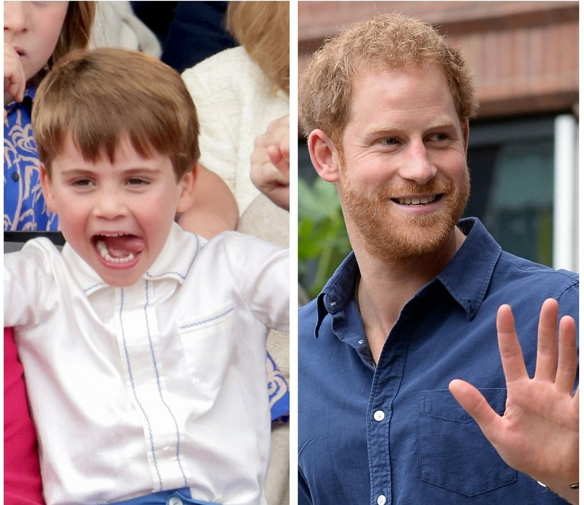 (L) Prince Louis at the Platium Pageant, (R) Prince Harry waving as he leaves Nottingham police station