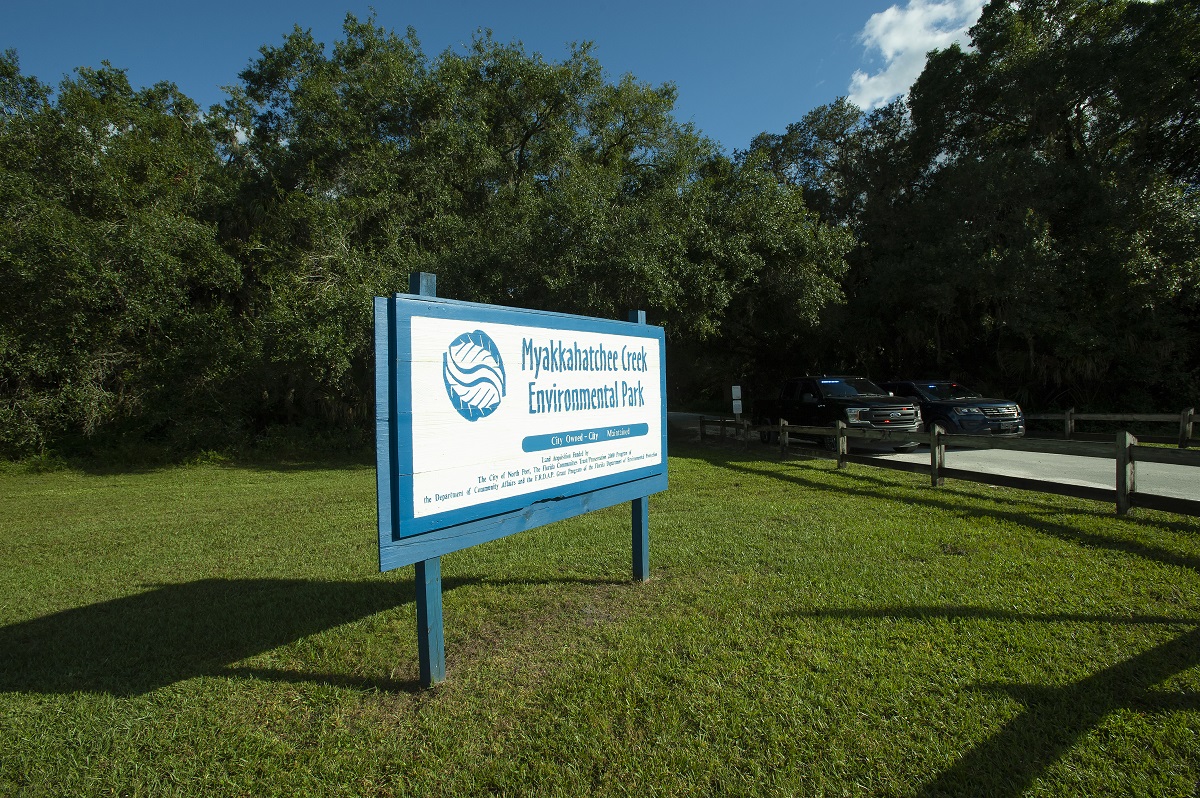 The entrance to the Myakkahatchee Creek Environmental Park on October 20, 2021 in North Port, Florida. The park and Brian Laundrie were used as a clue for 'Celebrity Jeopardy!'