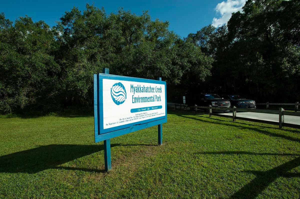 The entrance to the Myakkahatchee Creek Environmental Park on October 20, 2021 in North Port, Florida. The park and Brian Laundrie were used as a clue for 'Celebrity Jeopardy!'