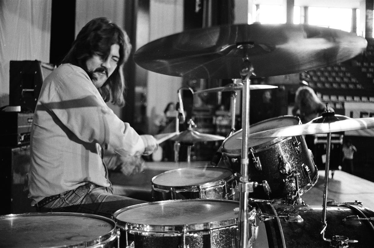 Led Zeppelin drummer John Bonham, whose Bonzo nickname predates his music career, rehearses before a 1971 concert.