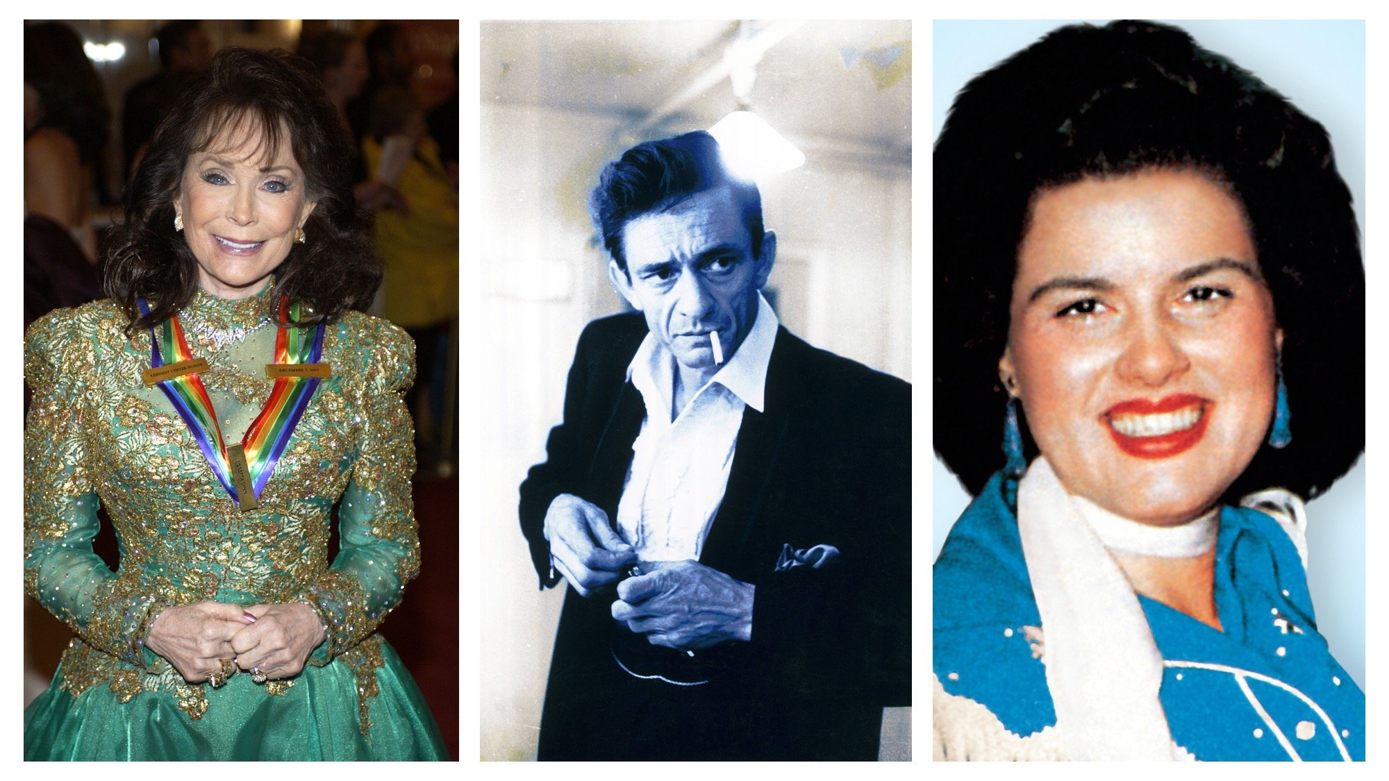 (L) Loretta Lynn c. 2003 (C) Johnny Cash c. 1966 (R) Patsy Cline c. 1960