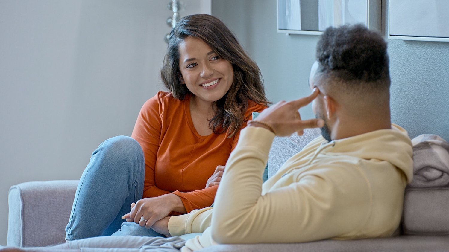 Here is every hint that 'Love Is Blind' Season 3 couple Bartise and Nancy don't get married. Bartise and Nancy are seen here sitting on a couch together in a production still.