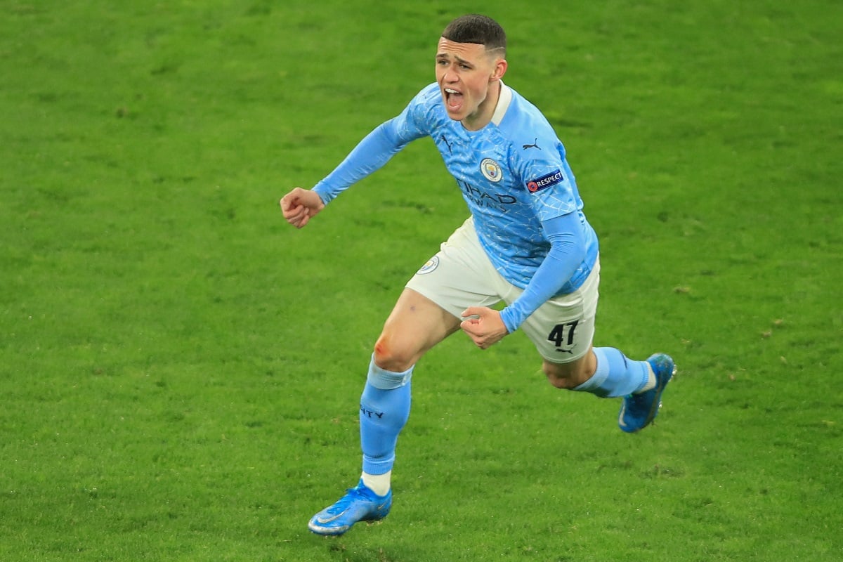 Manchester City's midfielder Phil Foden celebrates scoring the 1-2 goal during the UEFA Champions League quarter-final