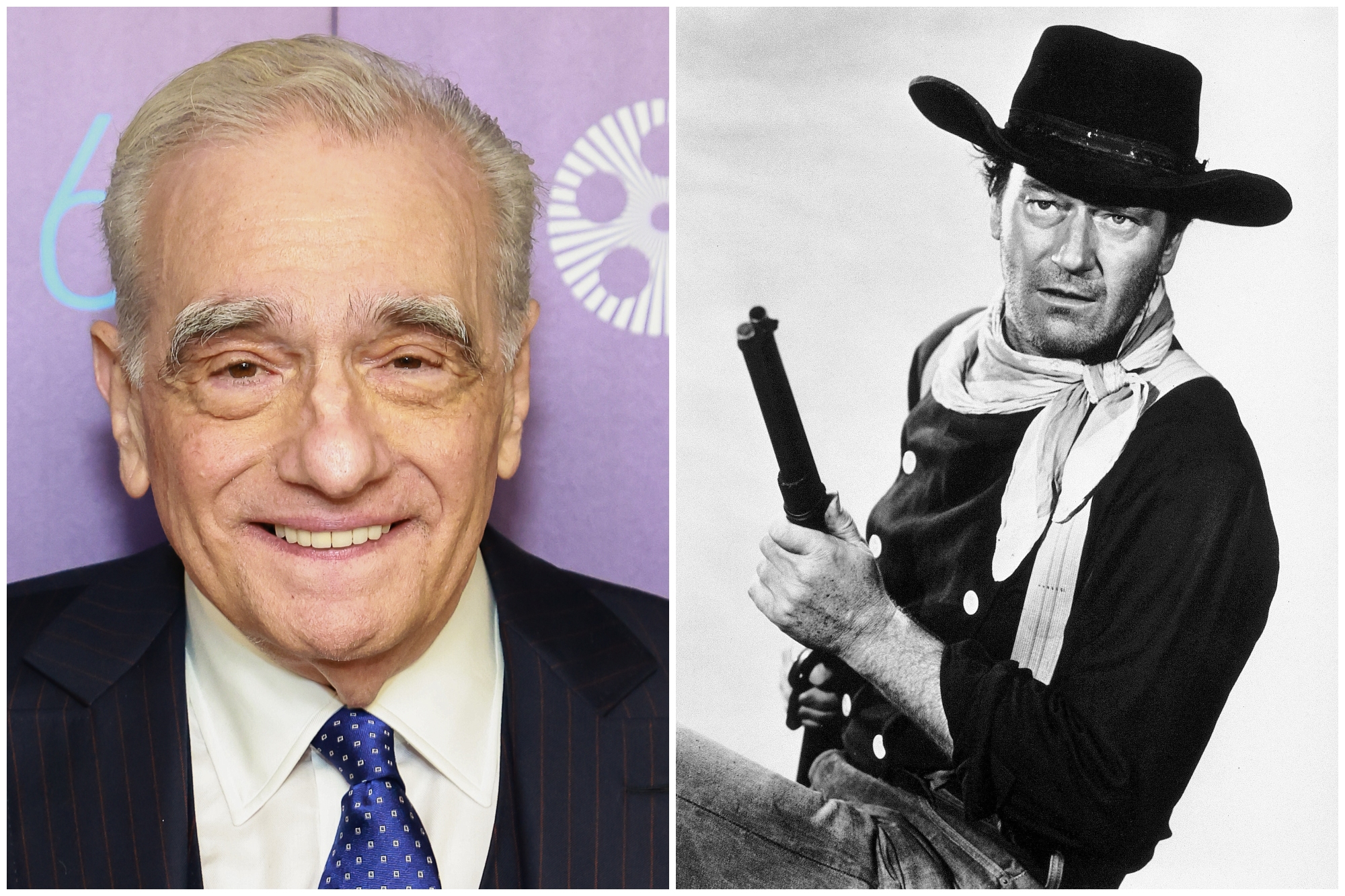 Martin Scorsese and John Wayne. Scorsese is smiling in front of a purple step-and-repeat. Wayne is wearing a Western costume from 'The Searchers' in a black-and-white photo holding a gun.