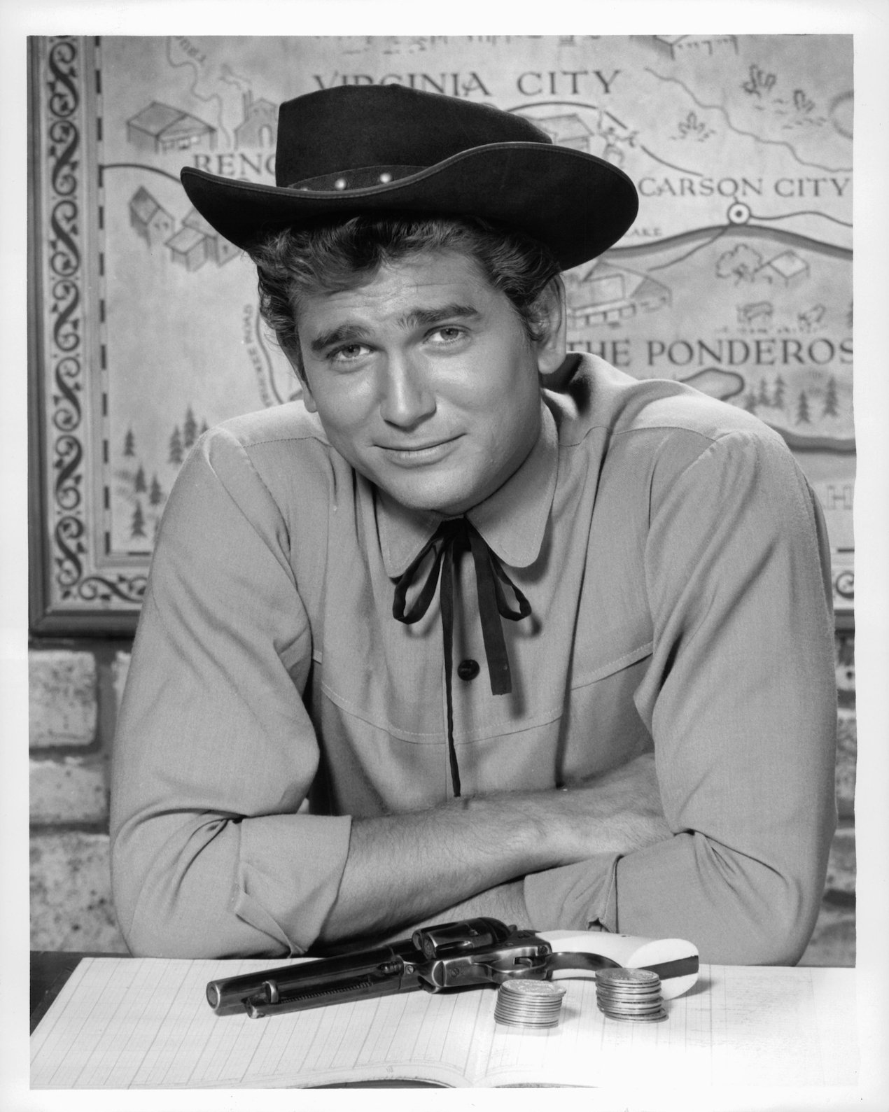 A black and white headshot of 'Bonanza' cast member Michael Landon