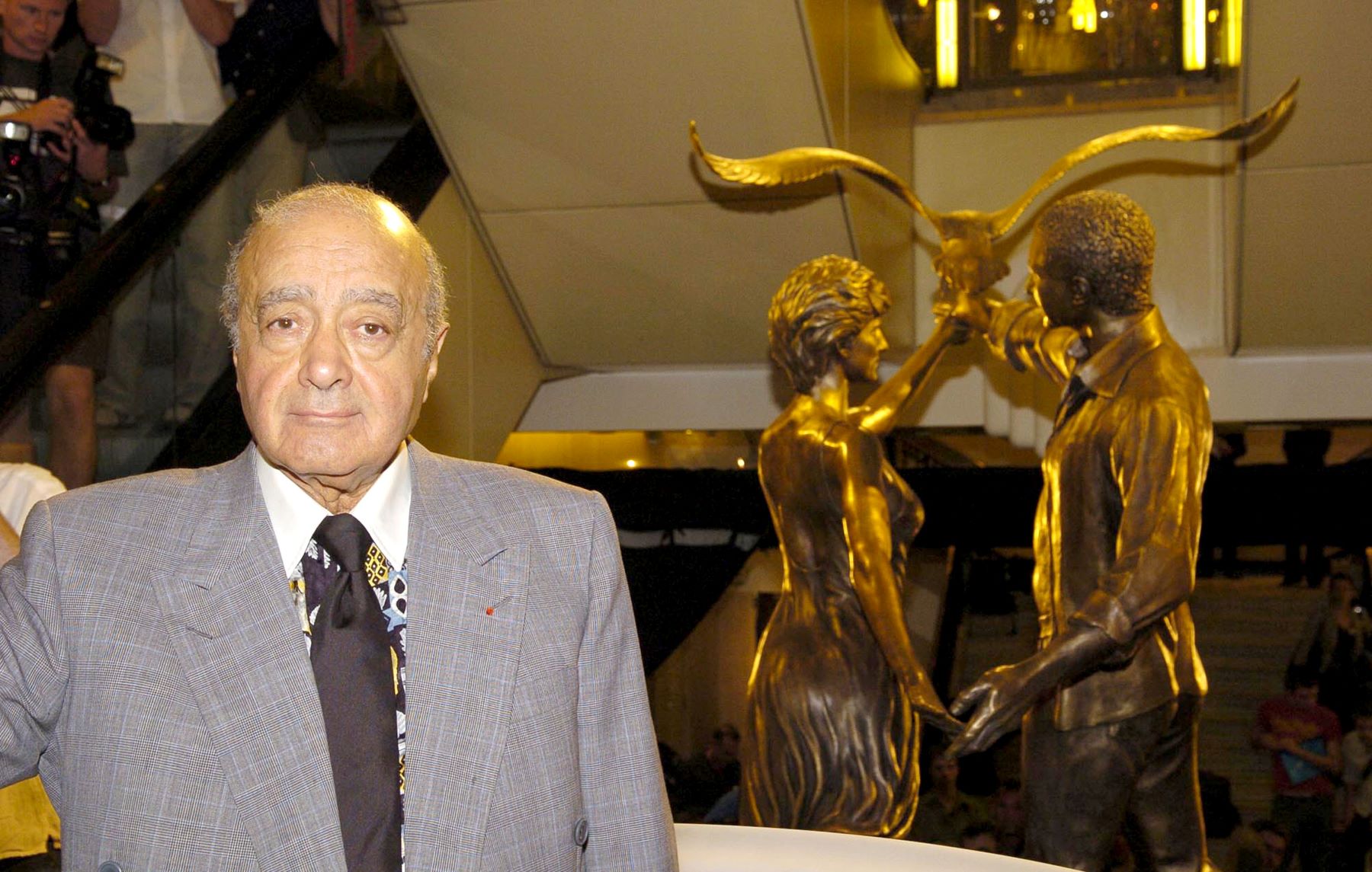 Mohamed Al-Fayed pictured at a memorial for Dodi Al-Fayed and Princess Diana at Harrods in London, U.K.