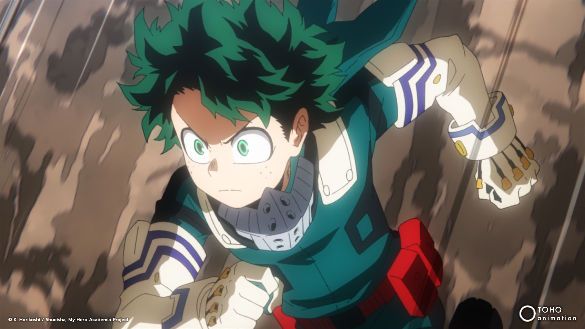 Deku in 'My Hero Academia' Season 6 for our article about episode 10. He's running down a dirt slope and looks determined.