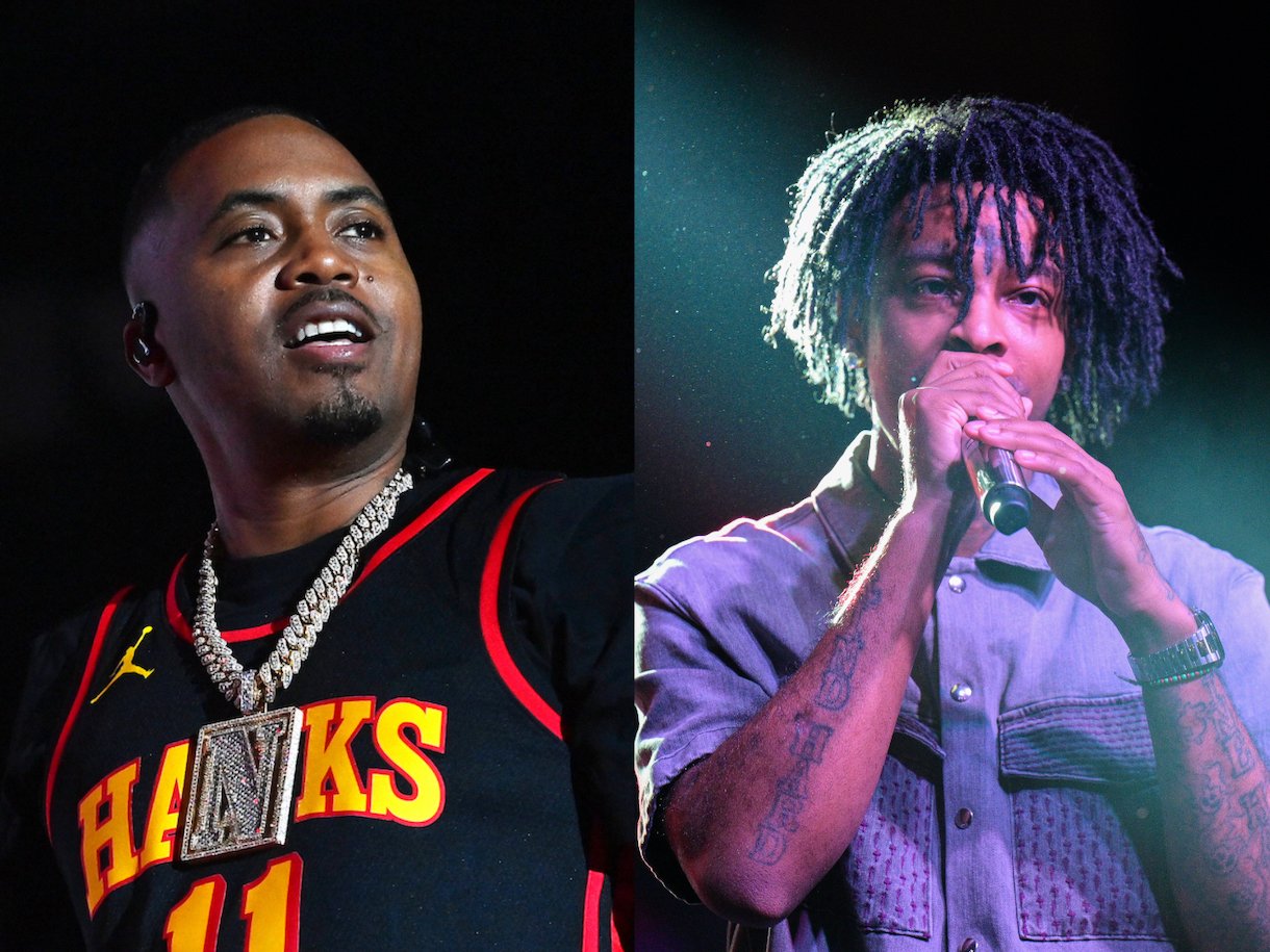 Nas, wearing a basketball jersey, and 21 Savage, rapping into a mic