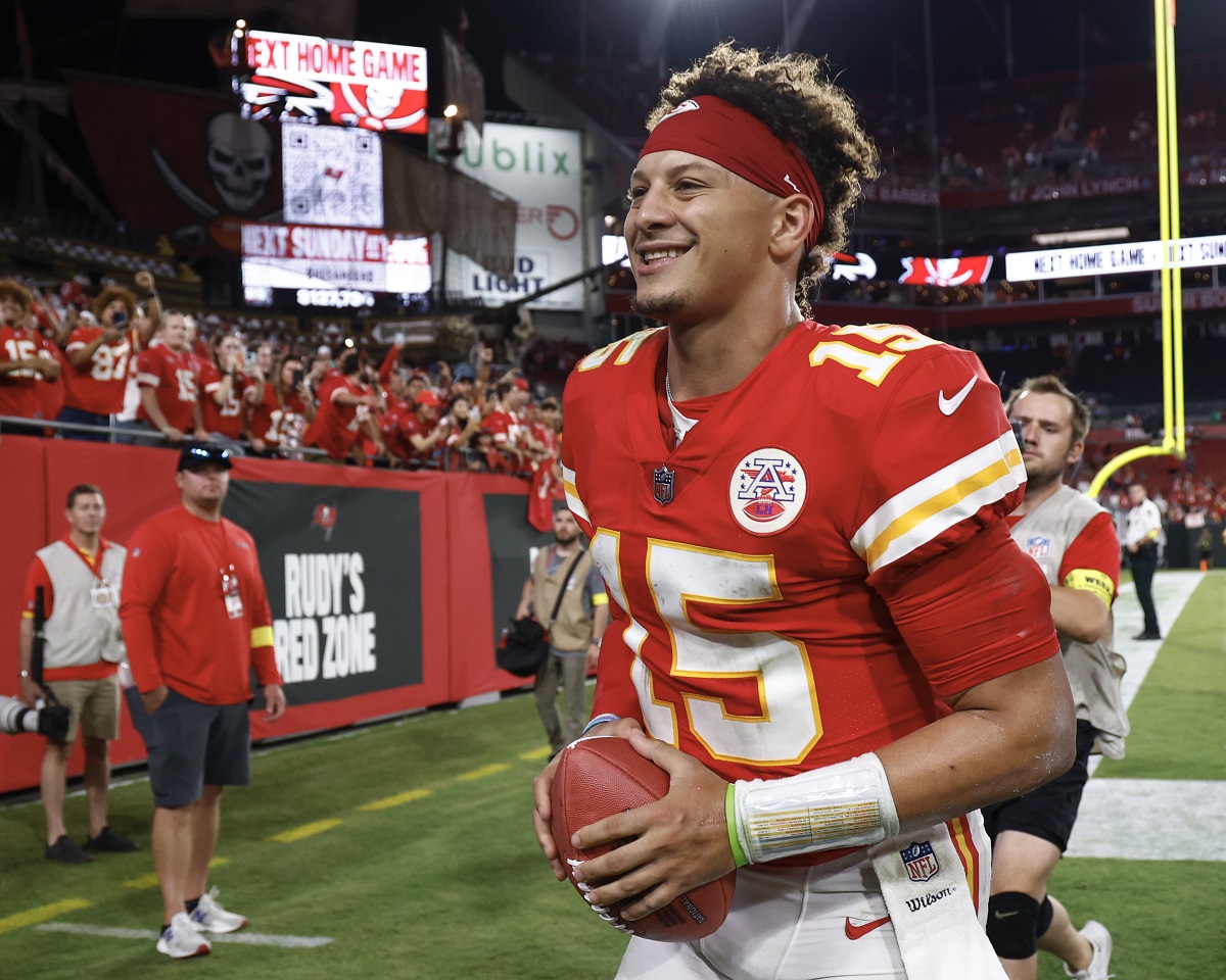 Patrick Mahomes walks off the field after defeating the Tampa Bay Buccaneers
