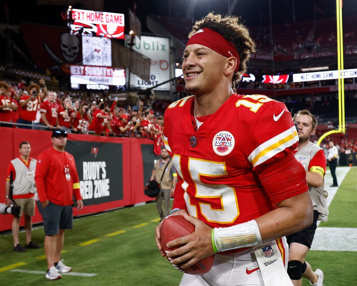 Patrick Mahomes walks off the field after defeating the Tampa Bay Buccaneers