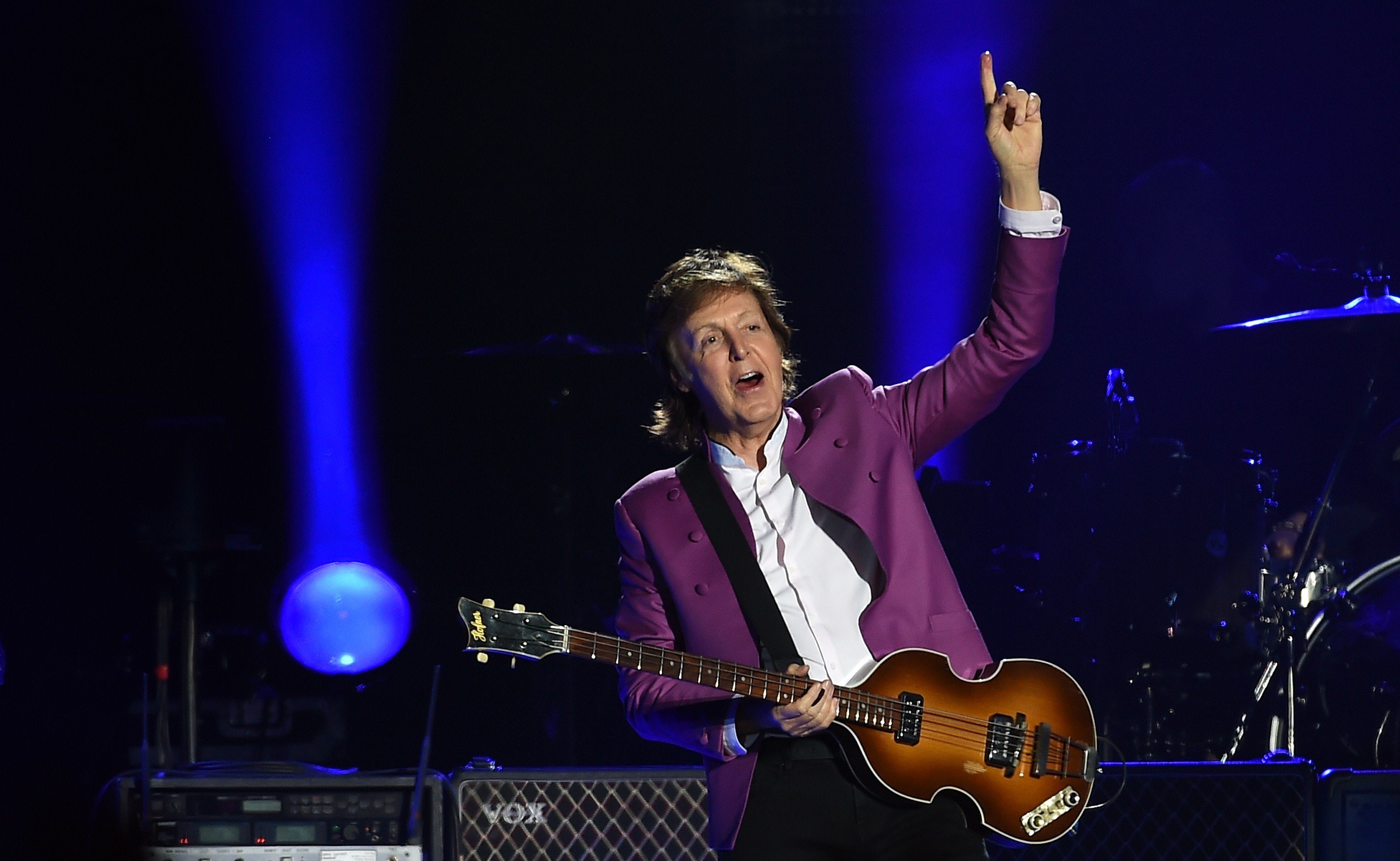Paul McCartney formerly of The Beatles performs at the Stade Velodrome in France
