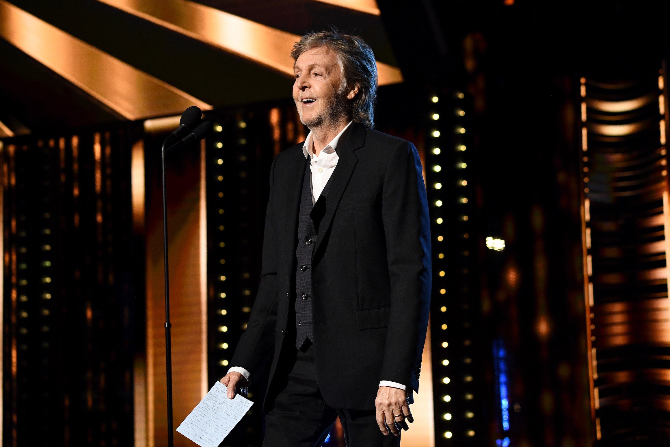 Paul McCartney speaks onstage during the 36th Annual Rock and Roll Hall of Fame Induction Ceremony