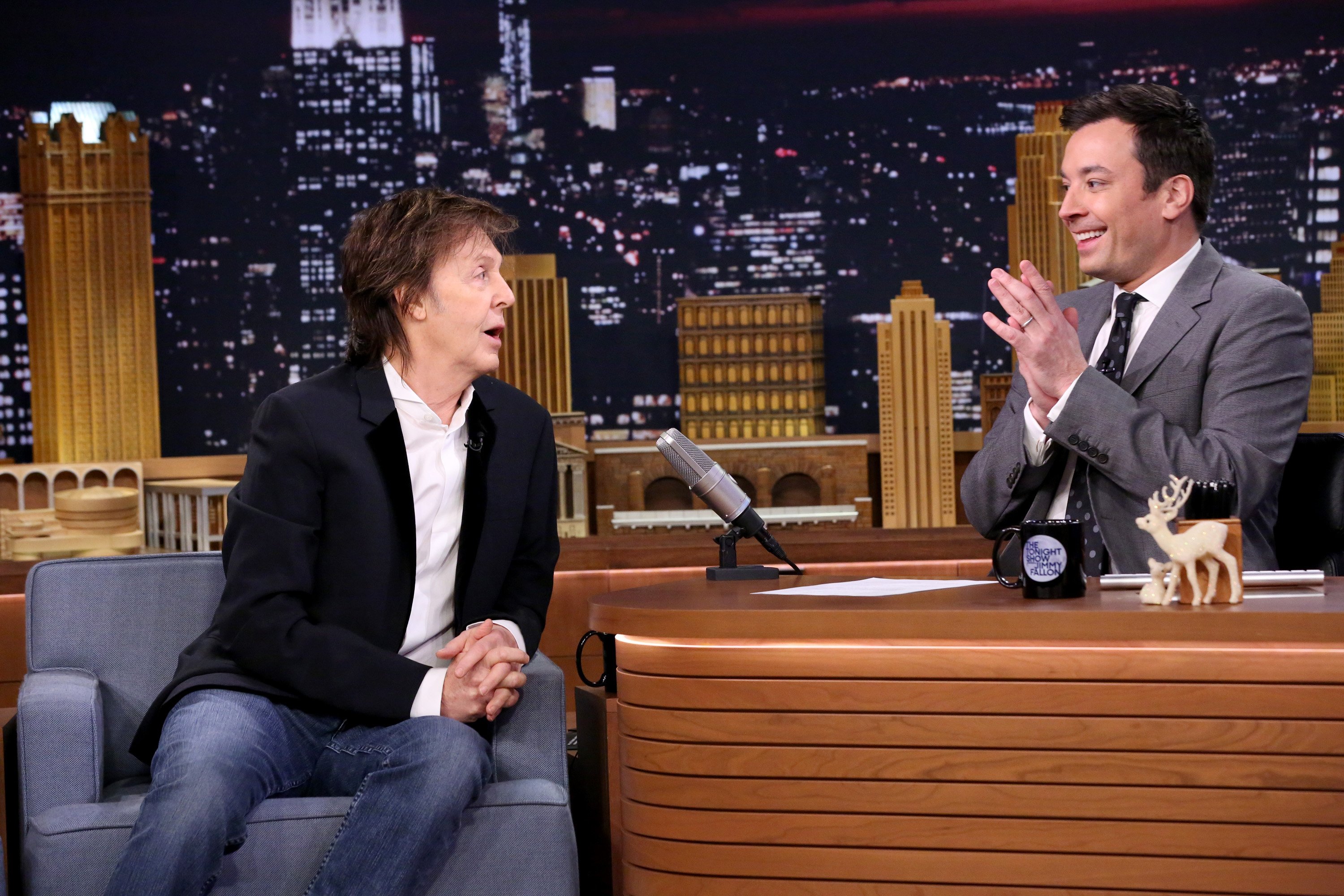 Paul McCartney appears with host Jimmy Fallon on a 2014 episode of 'The Tonight Show Starring Jimmy Fallon'