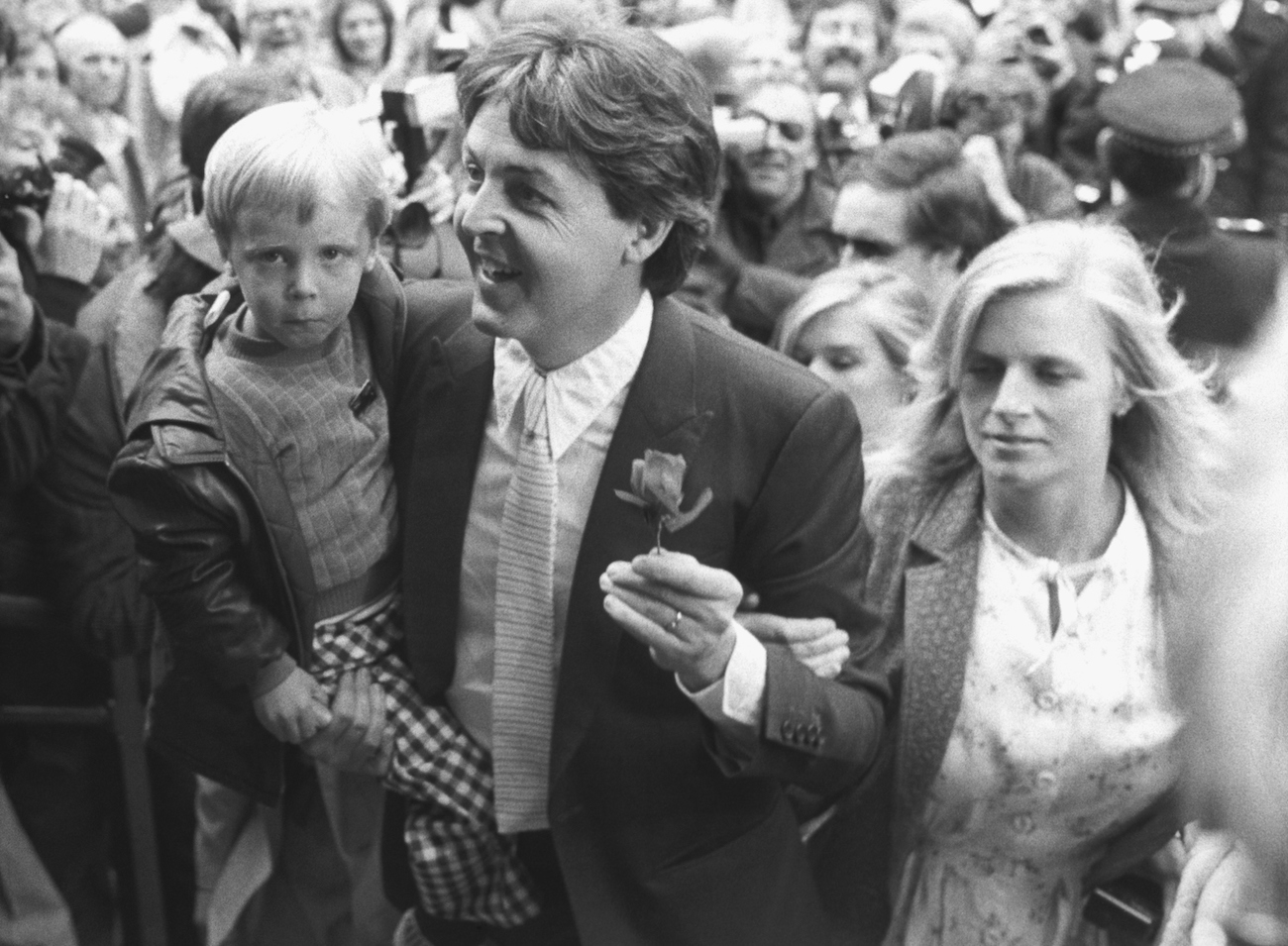 Paul McCartney with his son James and wife Linda at the wedding of Ringo Starr and Barbara Bach.