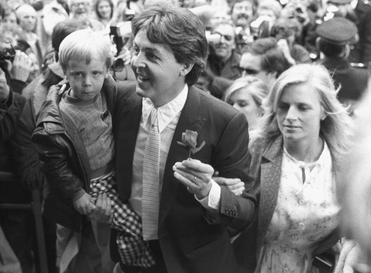 Paul McCartney with his son James and wife Linda at the wedding of Ringo Starr and Barbara Bach.