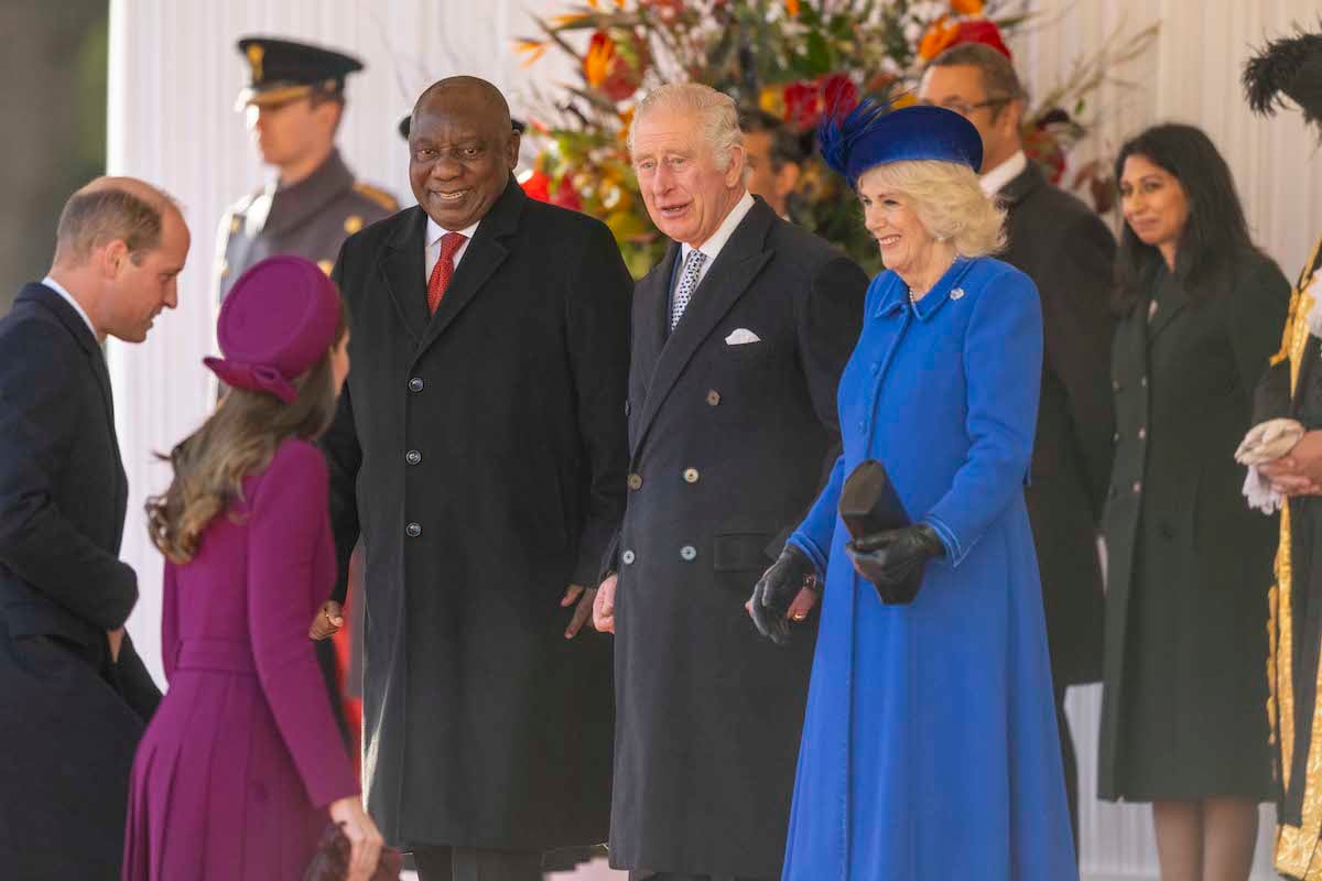 President Cyril Ramaphosa, King Charles, Camilla Parker Bowles, Prince William, and Kate Middleton, who, according to a body language expert, received a 'warm' greeting from King Charles ahead of the state dinner