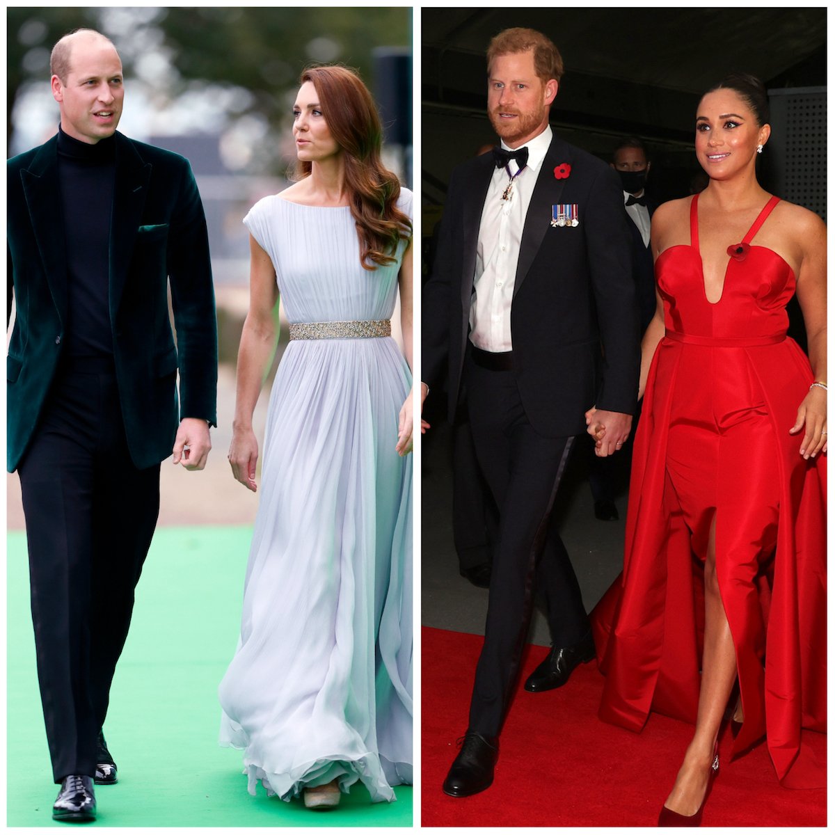 Prince William and Kate Middleton in 2021 at the Earthshot Prize Awards; Prince Harry and Meghan Markle at the 2021 Salute to Freedom Gala