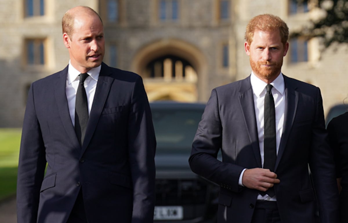 Prince William and Prince Harry, whose relationship 'will definitely' change because of 'The Crown' Season 5, according to a commentator, walk side by side wearing suits