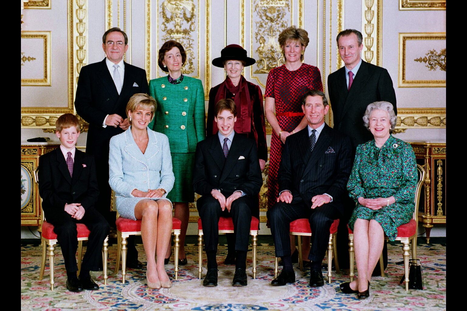 Prince William's confirmation with his five grandparents standing behind him (left to right): Konstantinos II, King of the Hellenes; Lady Susan Hussey; Alexandra, Princess of Kent; Natalia, Duchess of Westminster; and Norton Knatchbul