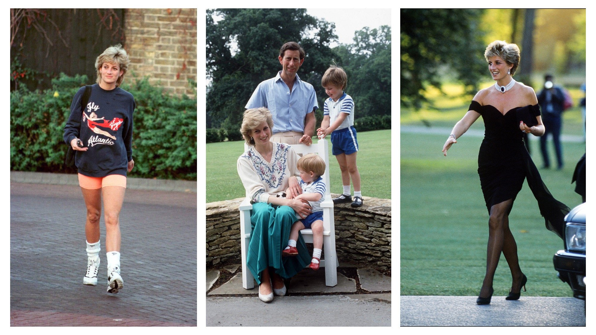 (L) Princess Diana in London in 1995. (C) Princess Diana & Prince Charles With Prince William & Prince Harry At Highgrove, 1986. (R) Princess Diana in her famous "revenge dress."