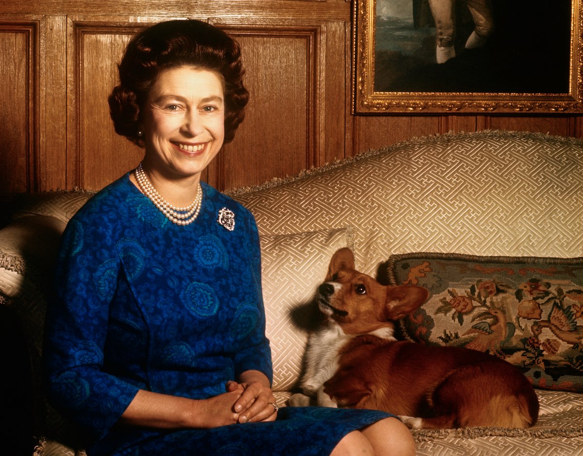 Queen Elizabeth, who, according to a dog trainer, said Prince Philip already told her she had too many dogs, wears a blue dress and smiles sitting with a corgi on a couch