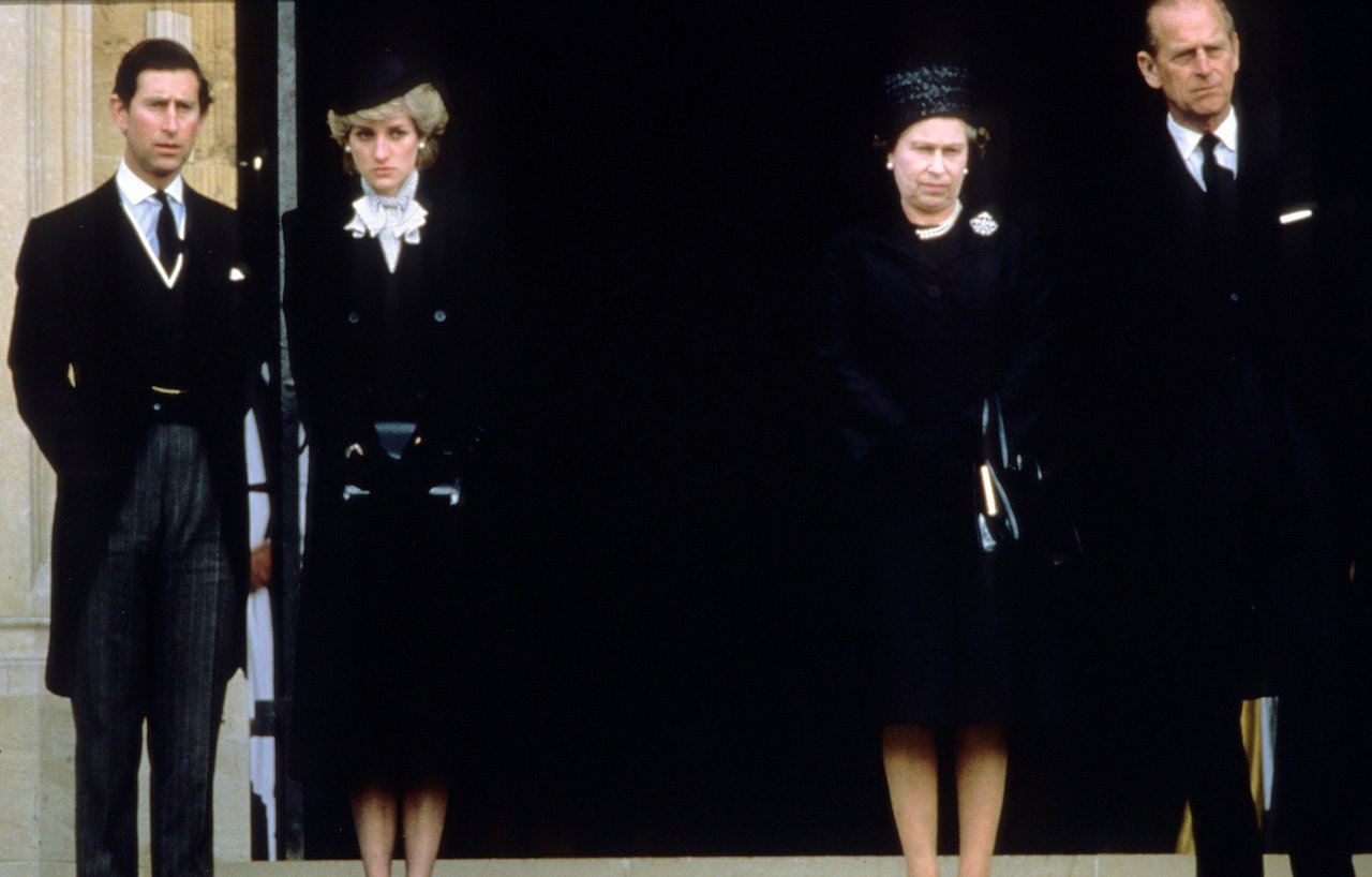 (L-R) King Charles III, then Prince of Wales, Princess Diana, Princess of Wales, Queen Elizabeth ll and Prince Philip, Duke of Edinburgh attend the funeral of the Duchess of Windsor at St. Georges Chapel on April 29, 1986, in Windsor, England.