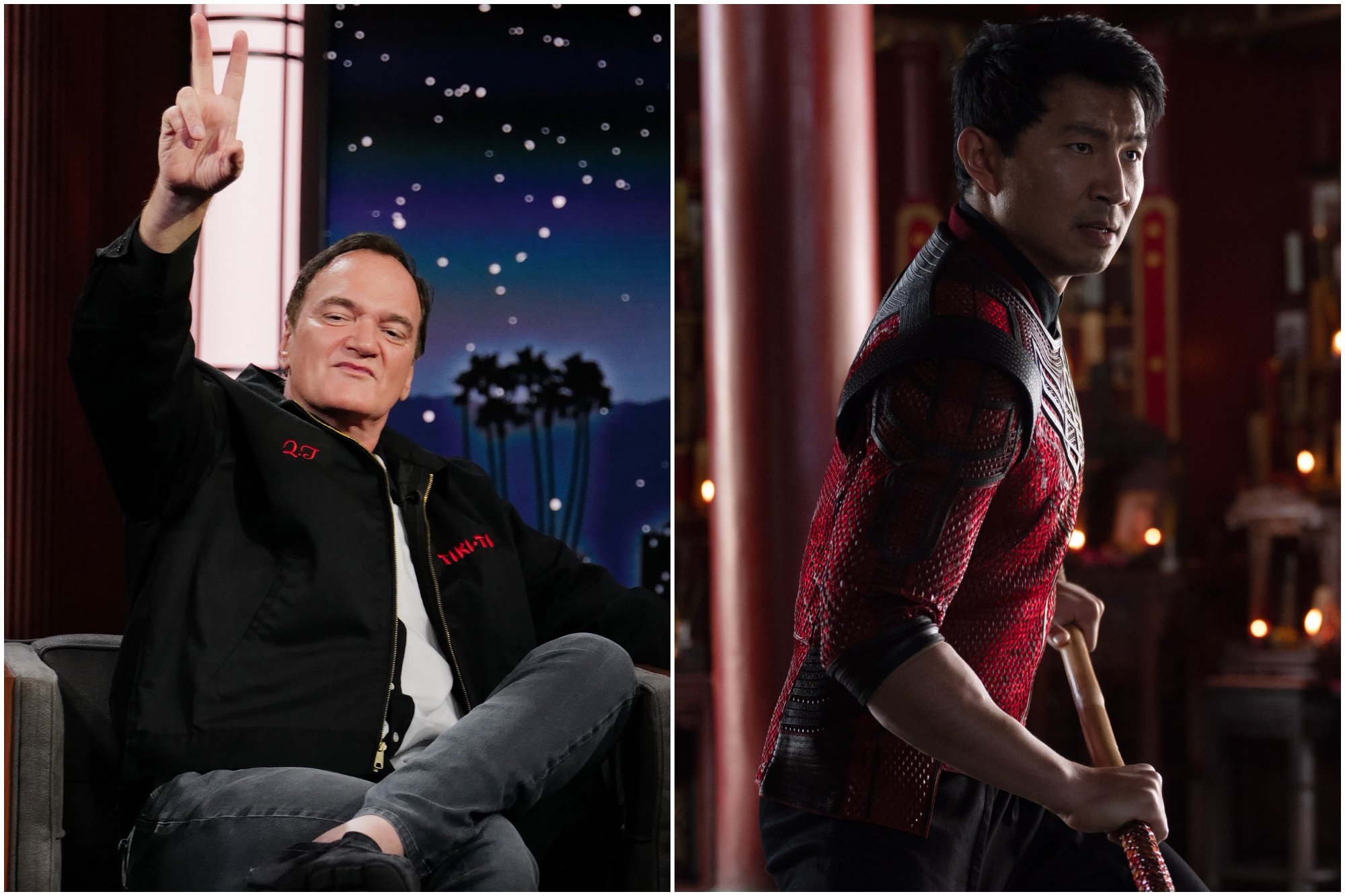 Quentin Tarantino and Marvel actor Simu Liu as Shang-Chi. Tarantino is sitting in a chair with his hand raised up, making a peace sign. Liu is wearing a red and black costume, holding a pole ready to fight.
