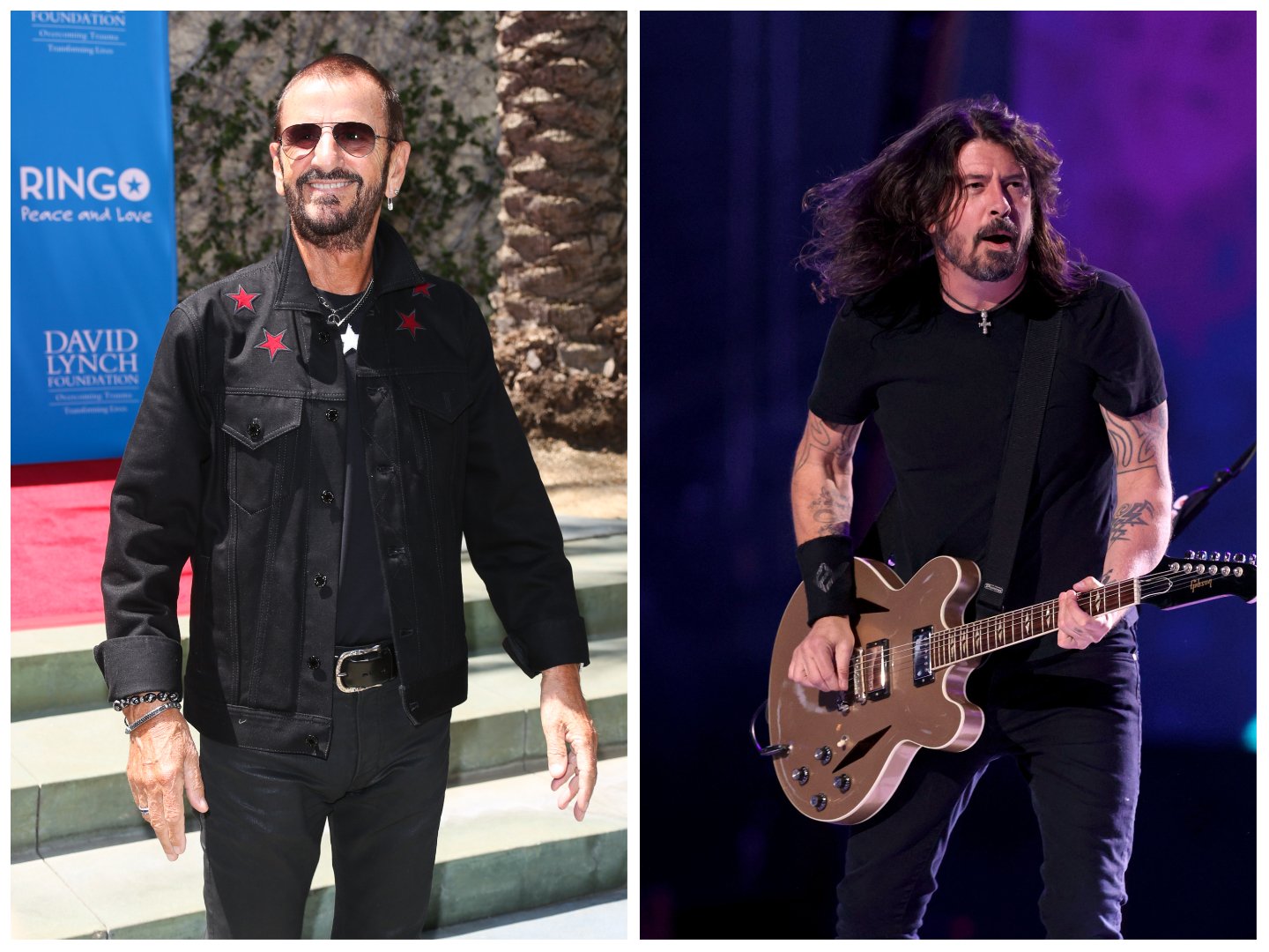 Ringo Starr wears a jacket with stars on it. Dave Grohl plays the guitar.