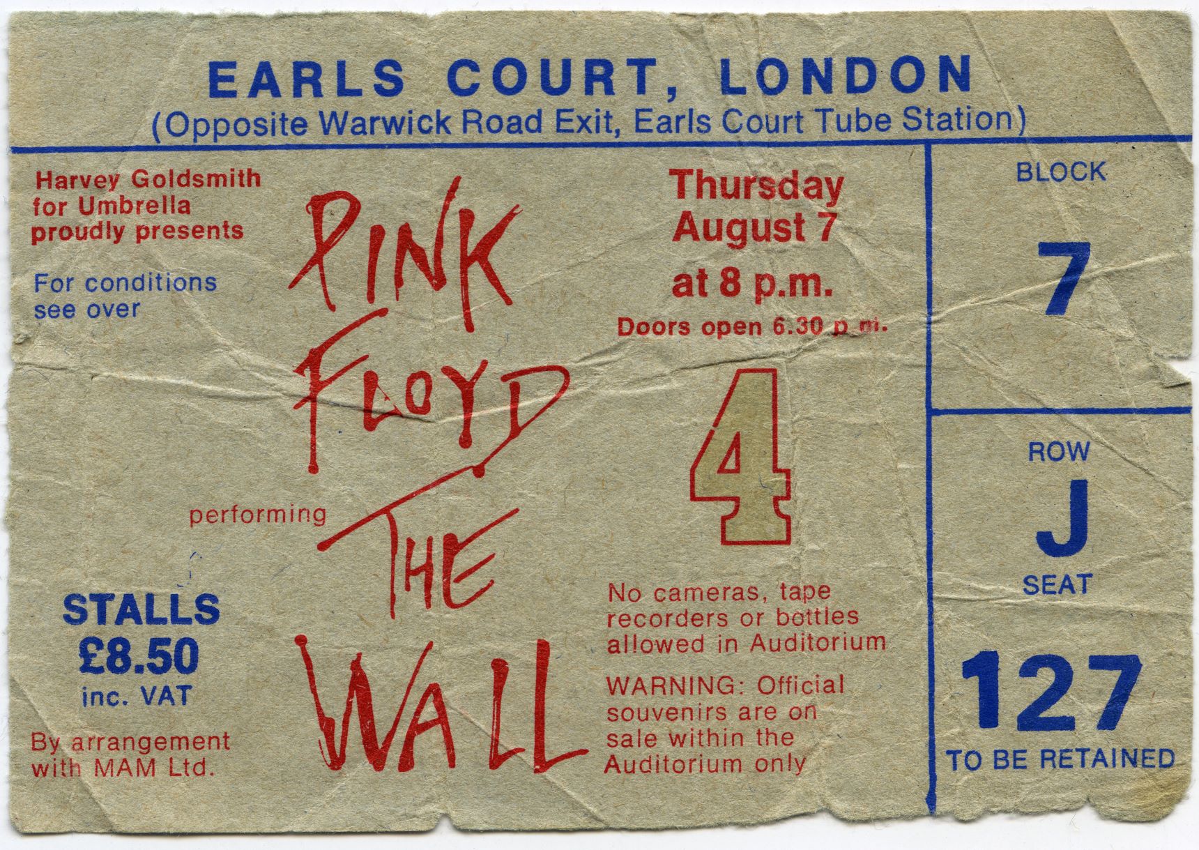 A ticket from Pink Floyd's "Another Brick in the Wall (Part 2)" era that is crumpled