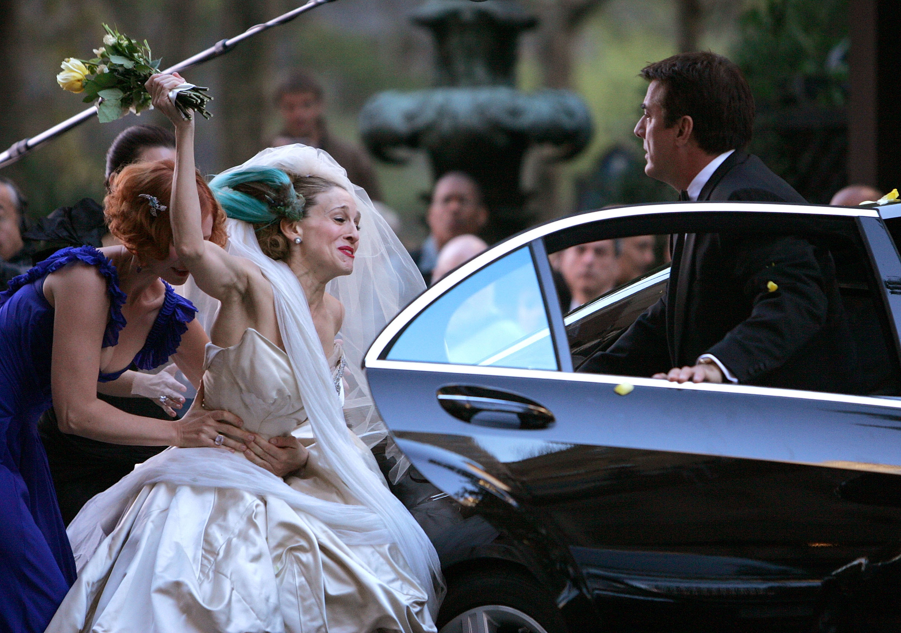 Cynthia Nixon, Sarah Jessica Parker and Chris Noth on the set of "Sex and the City: The Movie" on October 12, 2007
