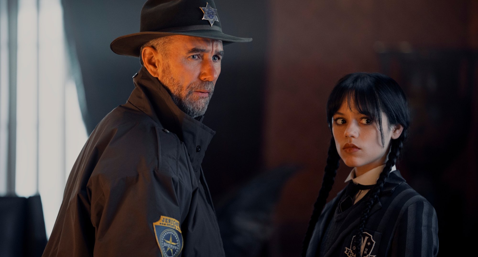Sheriff Galpin and Wednesday Addams track a killer in 'Wednesday' series.
