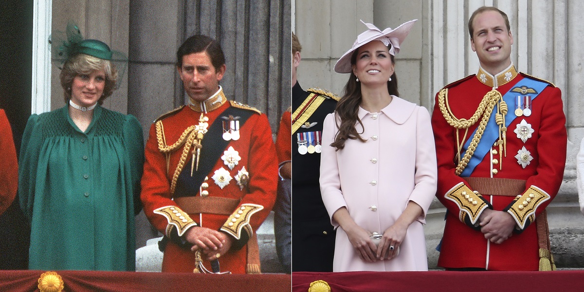 Side-by-side photo of Princess Diana and then-Prince Charles standing on the balcony (circa 1982), and Kate Middleton and Prince William standing on the balcony (circa 2013)