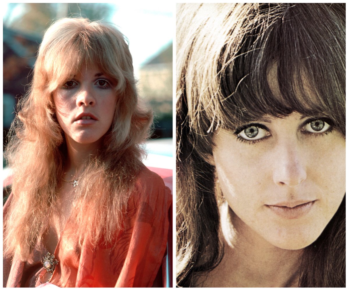 Side by side photos of Stevie Nicks and Grace Slick, wearing similar haircuts with bangs.