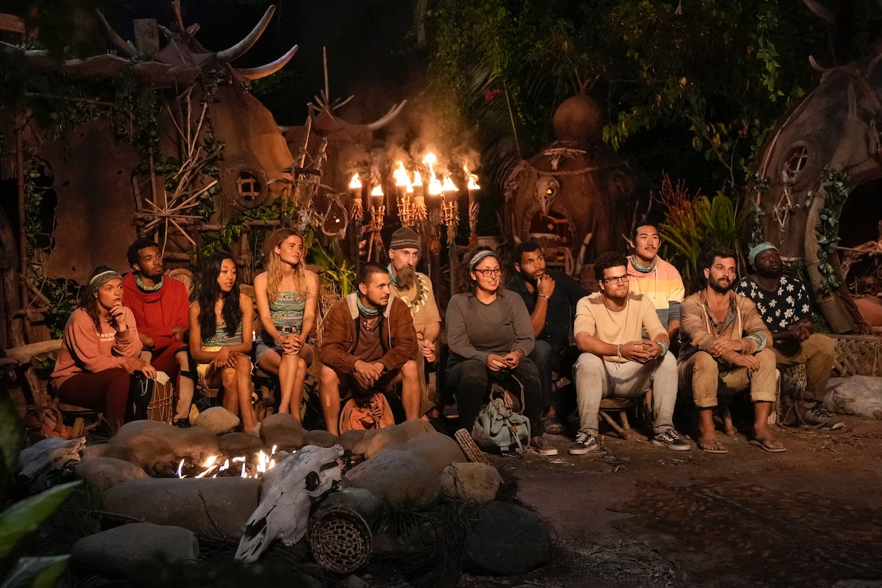 (L-R): Noelle Lambert, Dwight Moore, Jeanine Zheng, Cassidy Clark, Jesse Lopez, Mike 'Gabler' Gabler, Karla Cruz Godoy, Ryan Medrano, Sami Layadi, Owen Knight, Cody Assenmacher and James Jones sit at Tribal Council on 'Survivor 43'.