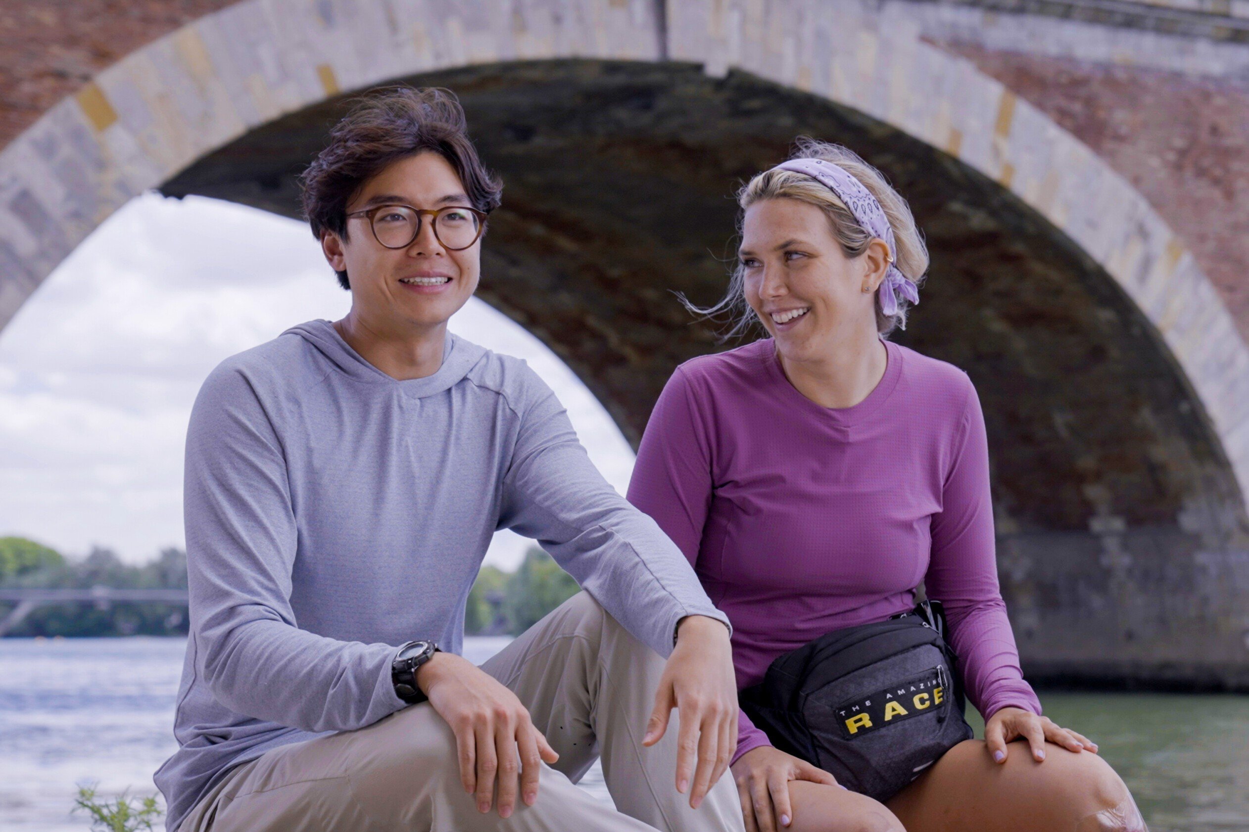 Derek Xiao and Claire Rehfuss, who star in 'The Amazing Race' Season 34 on CBS, film a confessional