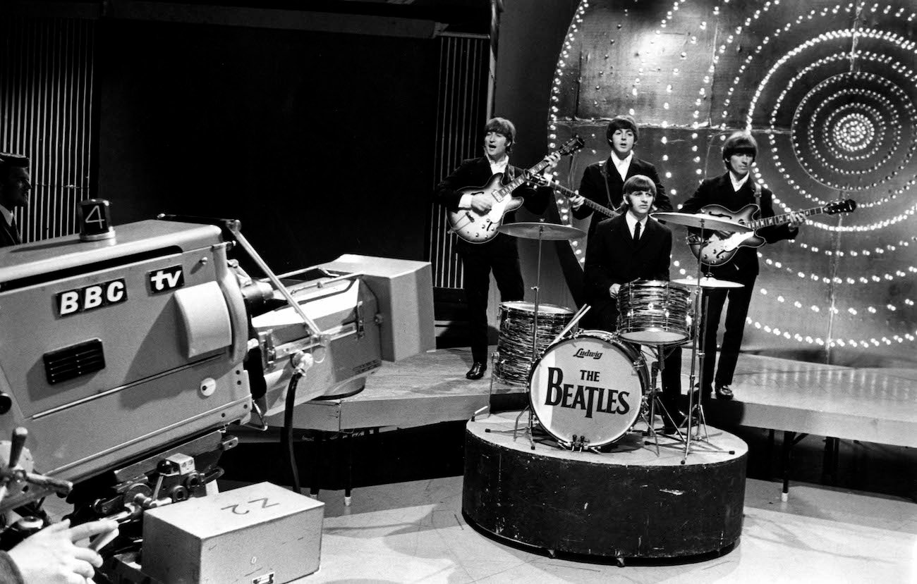 The Beatles performing on 'Top of the Pops' for the last time in 1966.