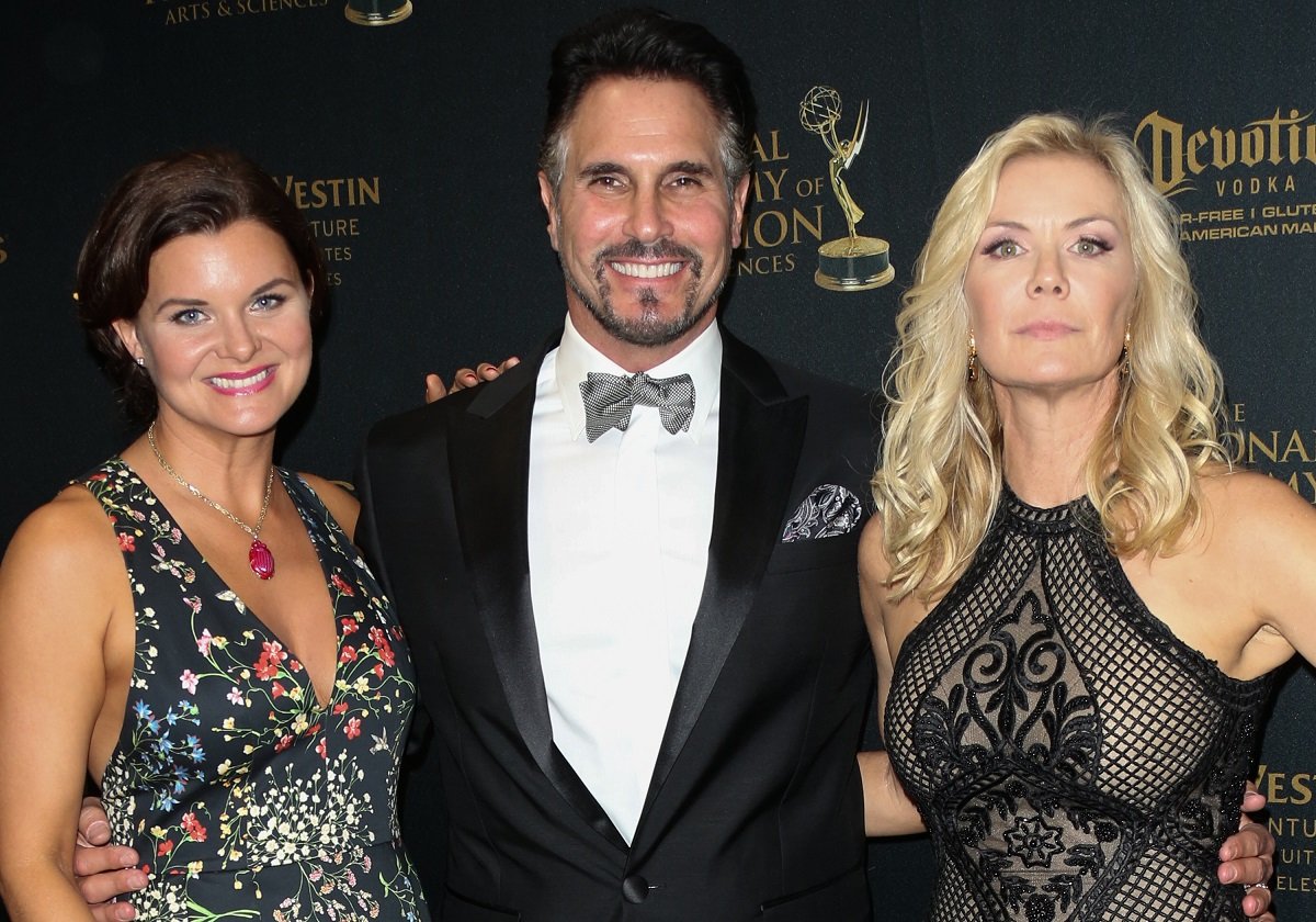 'The Bold and the Beautiful' stars Heather Tom, Don Diamont, and Katherine Kelly Lang dressed in black and posing together on the red carpet.