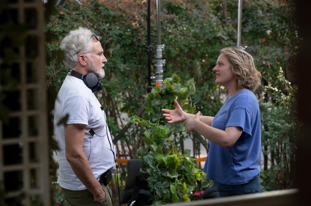 In a scene from The Handmaid's Tale Season 5, Bradley Whitford directs Elisabeth Moss.