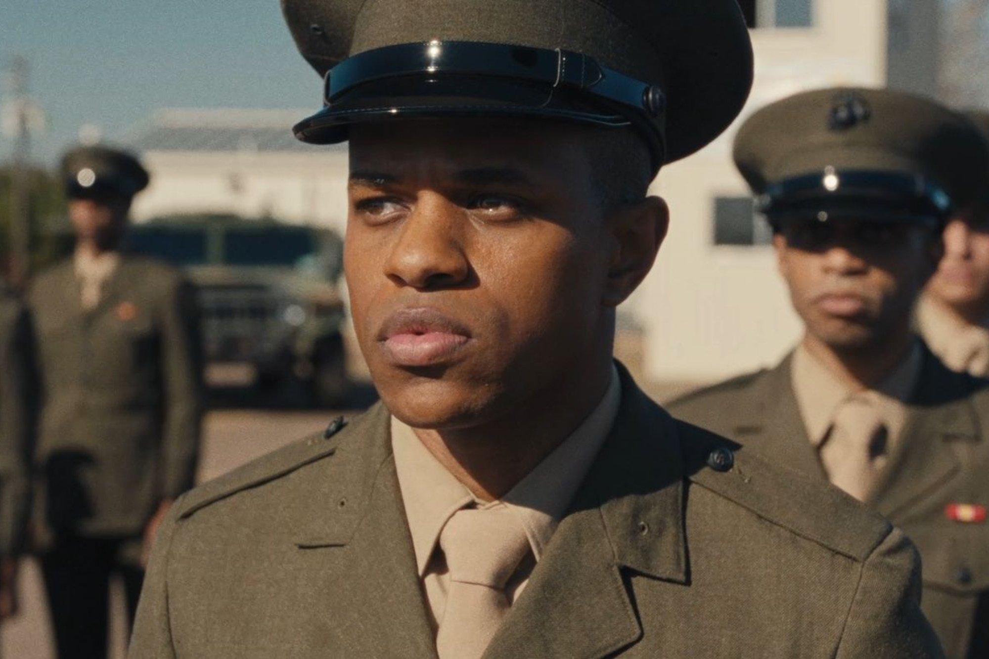 'The Inspection' Jeremy Pope as Ellis French wearing his Marine uniform, looking straight ahead.