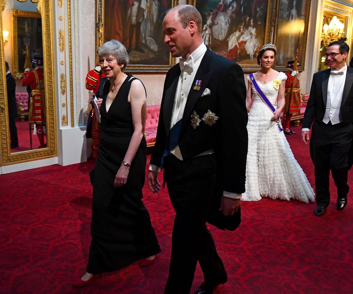 Theresa May, Prince William, Kate Middleton, and Steve Mnuchnin at state dinner during Donald Trump's state visit in 2019