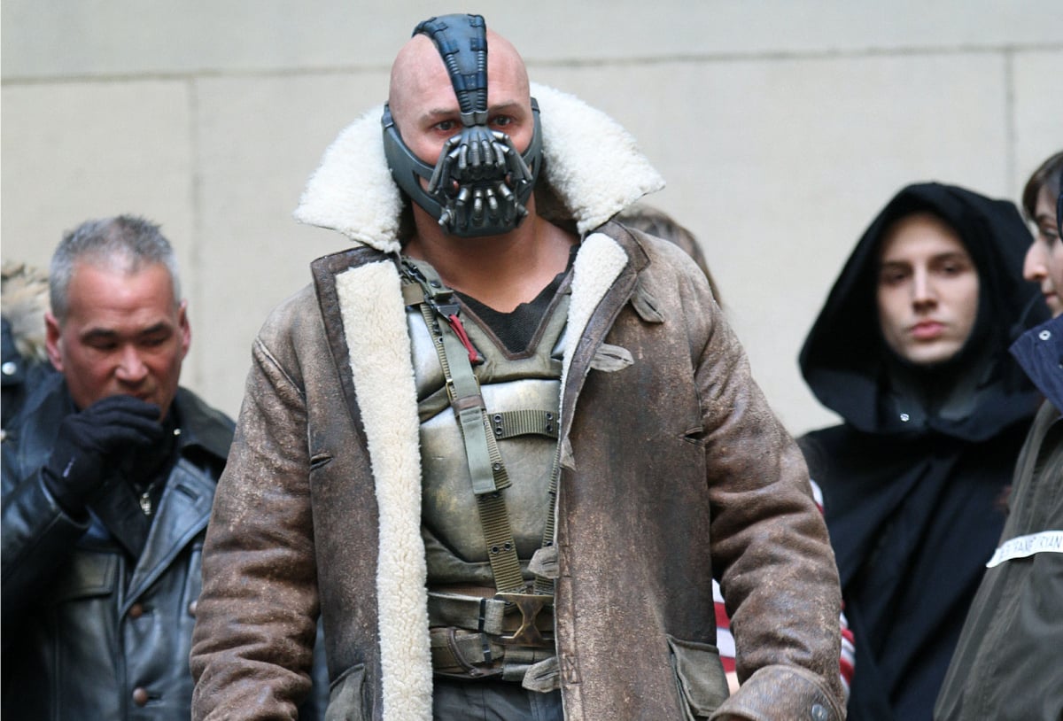 Tom Hardy is seen in costume as Bane on the set of "The Dark Knight Rises" on location on Wall Street on November 5, 2011 in New York City