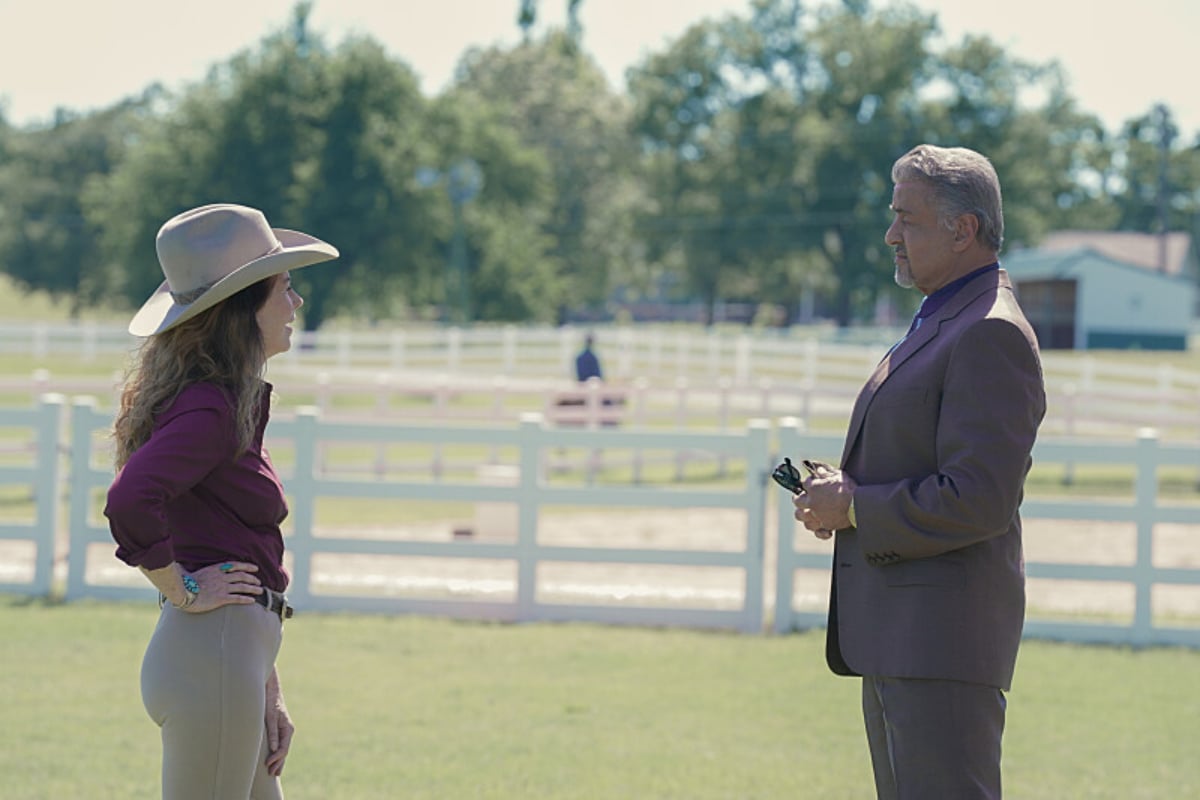 Dana Delaney as Margaret in Tulsa King. Margaret talks with Dwight at the Fennario Ranch.