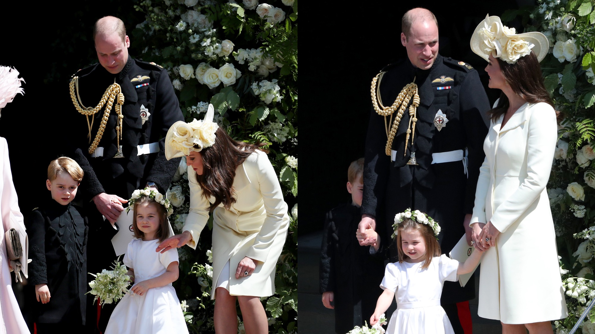 Prince William and Kate Middleton form a 'tight cluster' with Prince George and Princess Charlotte after the wedding of Prince Harry and Meghan Markle at St George's Chapel at Windsor Castle on May 19, 2018, in Windsor, England. 
