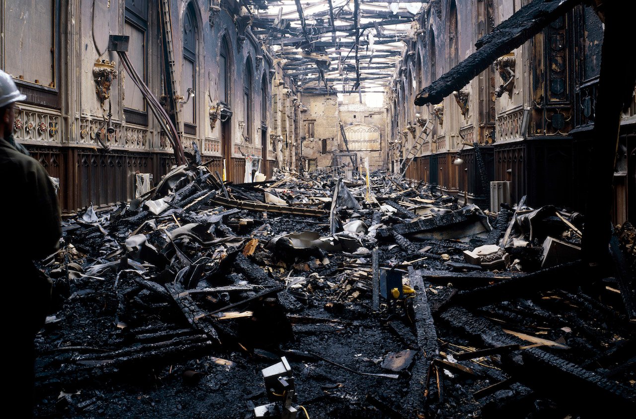 Fire damage at St George's Hall, Windsor Castle, Windsor, Berkshire, November, 1992.