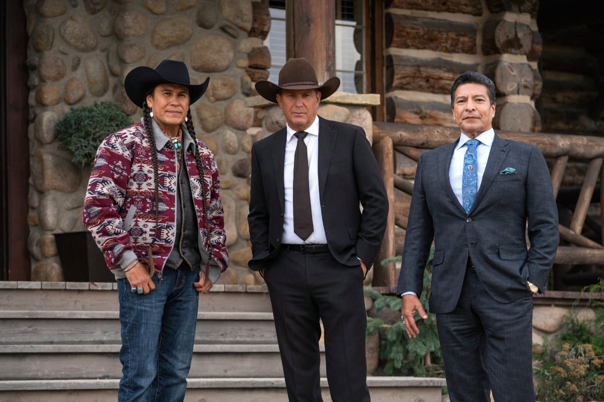 Mo Brings Plenty (Mo), Kevin Costner (John Dutton), and Gil Birmingham (Chief Rainwater) in an image from Yellowstone