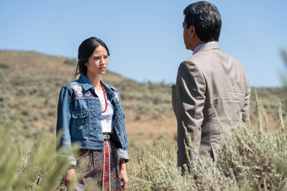 Yellowstone star Kelsey Asbille as Monica Dutton with Gil Birmingham as Chief Thomas Rainwater