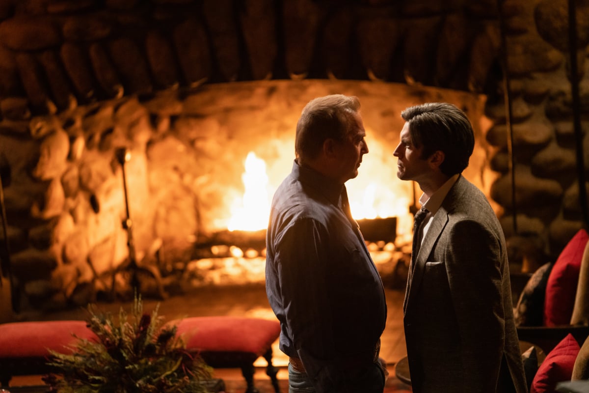 In Yellowstone Season 5, Jamie is 'full of rage.' Jamie stands face to face with John in front of the fireplace.